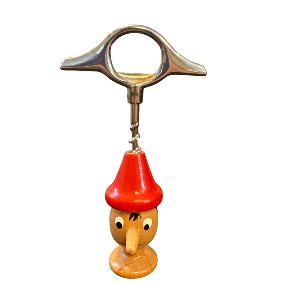 Mastro Geppetto Pinocchio Corkscrew Bottle Opener OS Red‎ Wood Italy Vintage